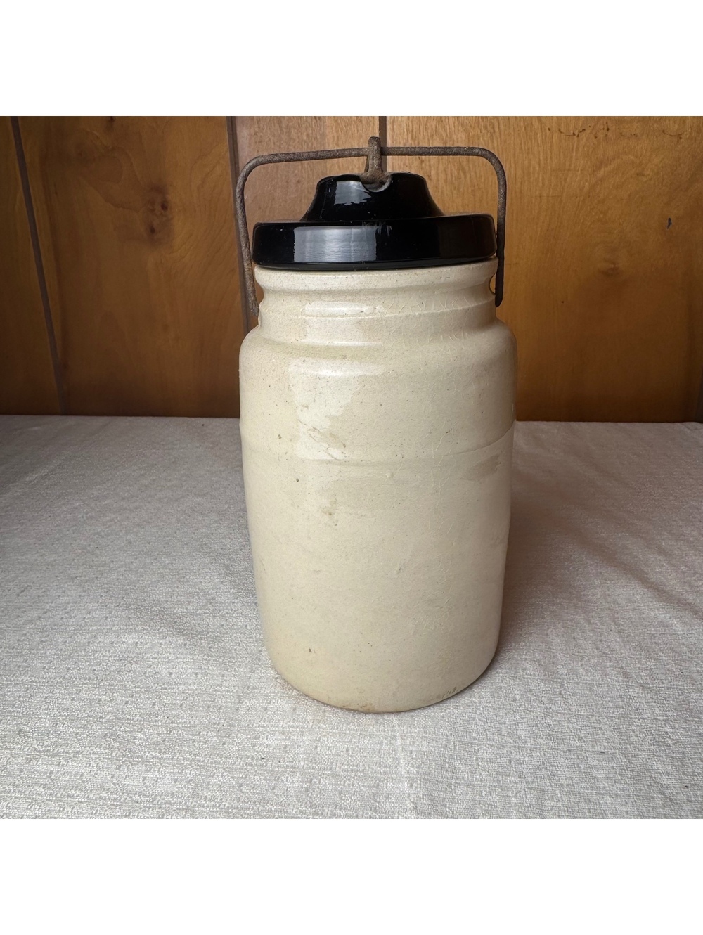 Antique Stoneware Canning Jar Black Lid Wire Bail Primitive Fruit Preserve Crock - Picture 2 of 10